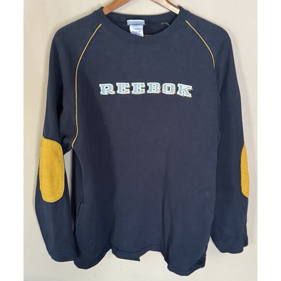 Vintage Reebok Mens Sweatshirt L Crew Y2K Puffy 3D Spellout Rugby Elbow Patches - Picture 1 of 5